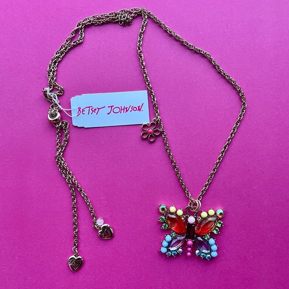 NWT Betsey Johnson Love Fest Rhinestone Butterfly Necklace Rainbow Multi - Picture 1 of 7